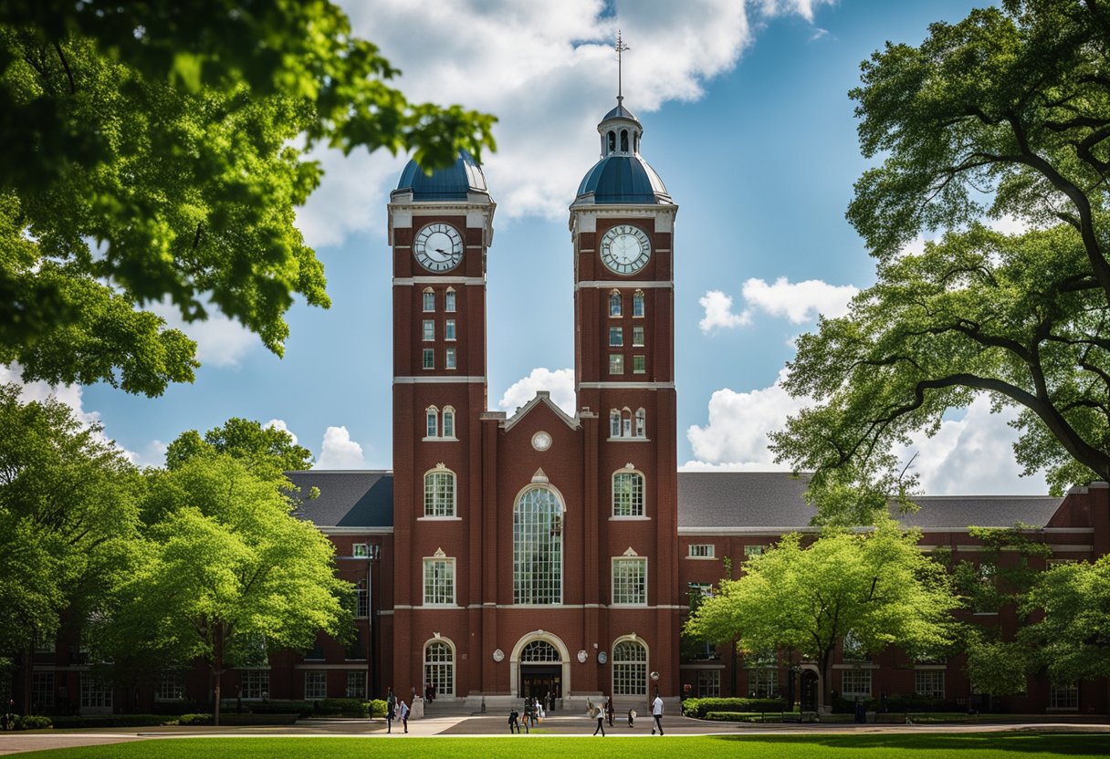 The University of Louisville campus bustles with students walking between historic red brick buildings and modern glass structures. The iconic clock tower stands tall against a backdrop of lush green trees