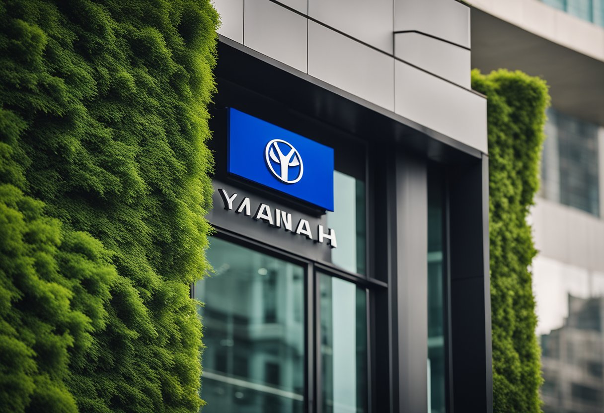 A Yamaha Corporation logo sits prominently on a sleek, modern building facade, surrounded by vibrant greenery and a bustling cityscape